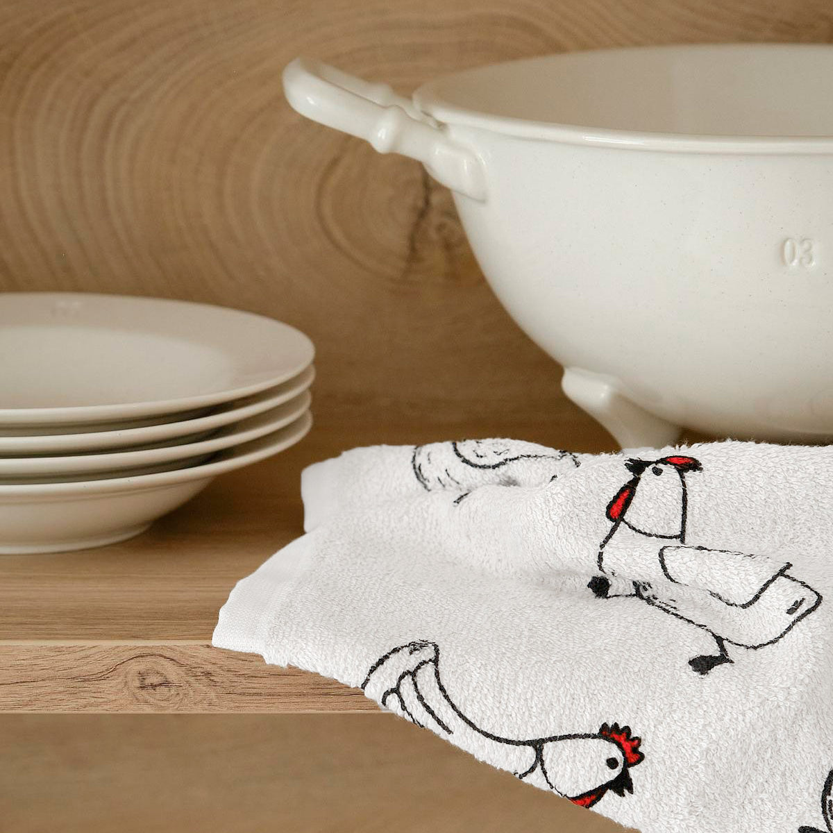 paños de cocina GALLINAS Y GALLOS blanco