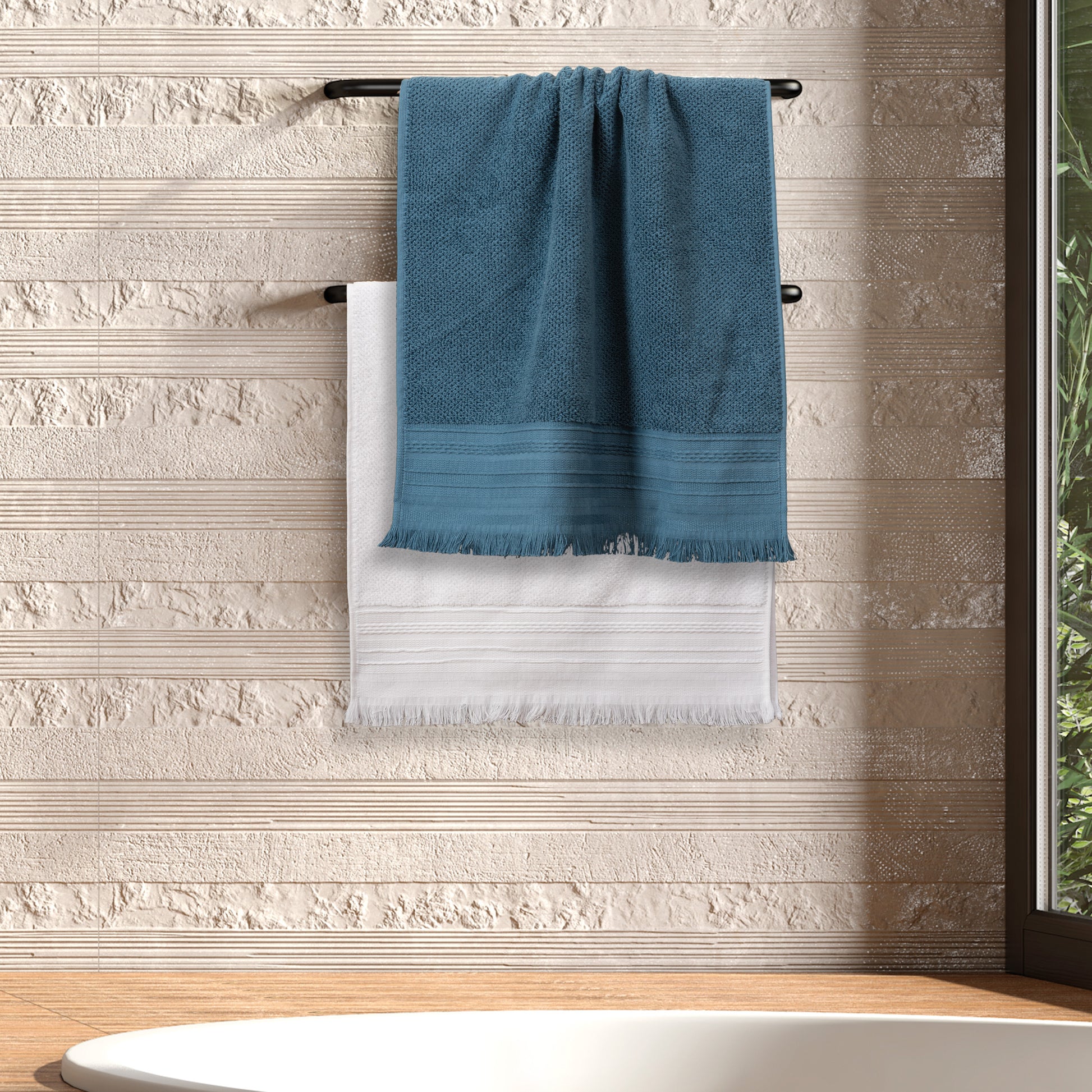 toallas cenefa artesania baño azul y blanco